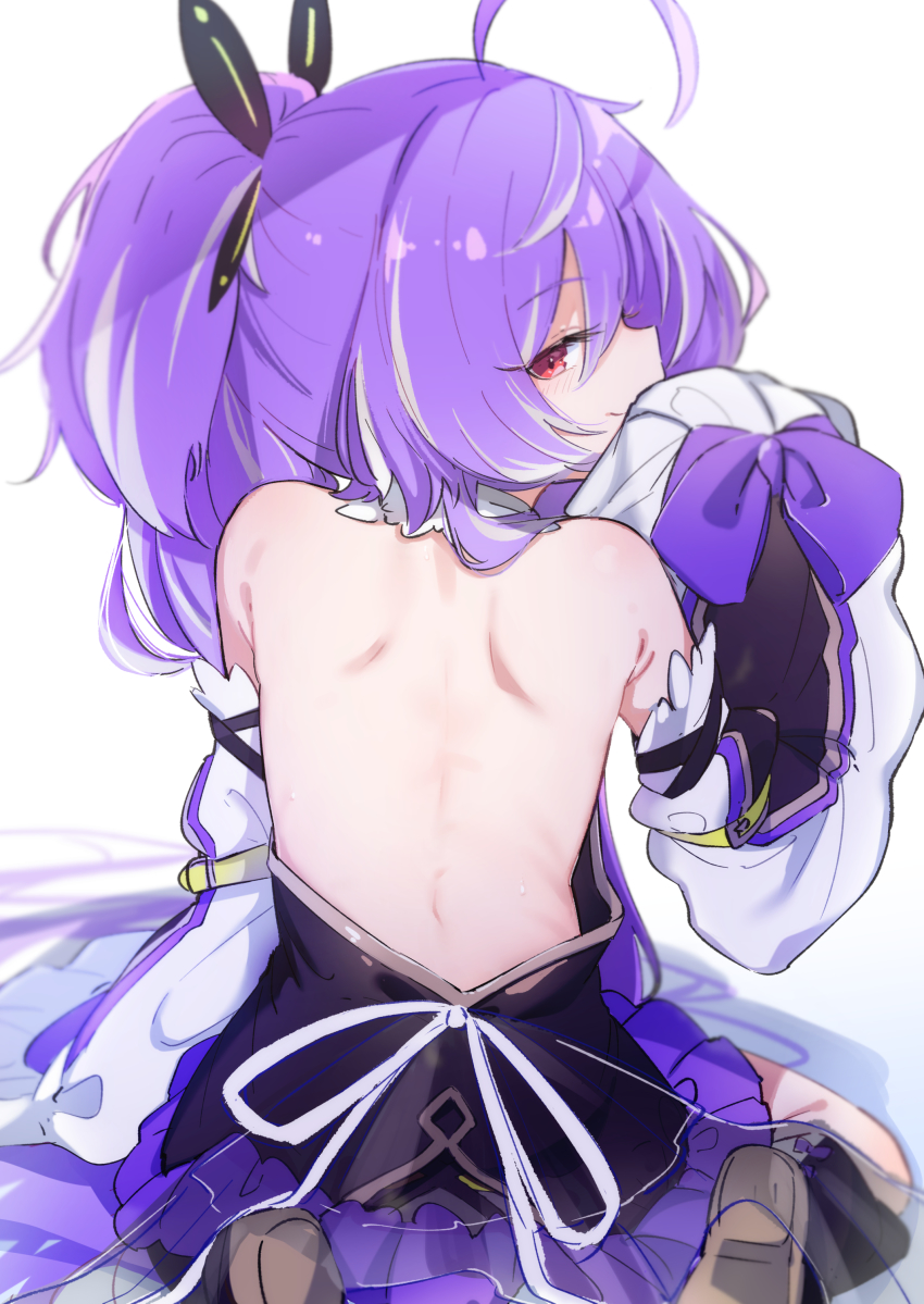 1girl, absurdres, ahoge, back, back_focus, bare_back, bare_shoulders, blush, brown_shoes, closed_mouth, highres, long_hair, looking_at_viewer, looking_back, nanashi_inc., ponytail, purple_hair, red_eyes, shisui_kiki, shisui_kiki_(1st_costume), shoes, simple_background, sitting, smile, solo, utsusumi_kio, virtual_youtuber, wariza, white_background