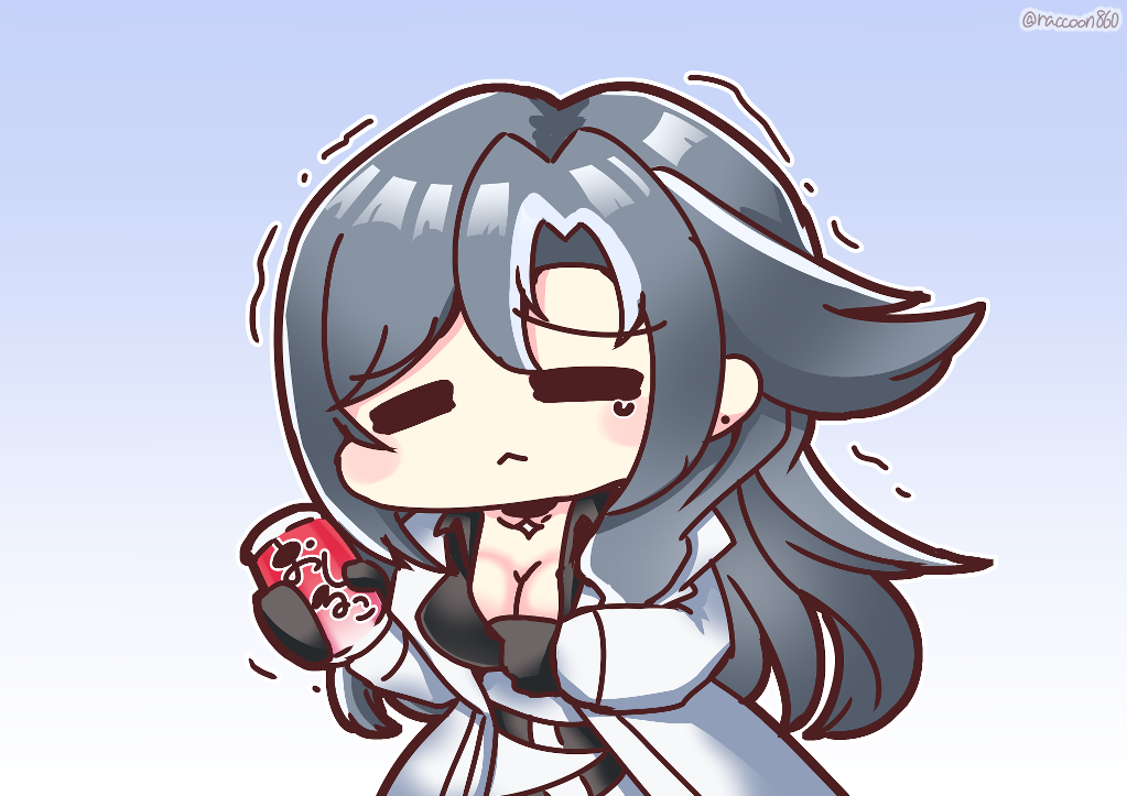 1girl, =_=, azur_lane, azur_lane:_slow_ahead, black_gloves, black_shirt, blush_stickers, breasts