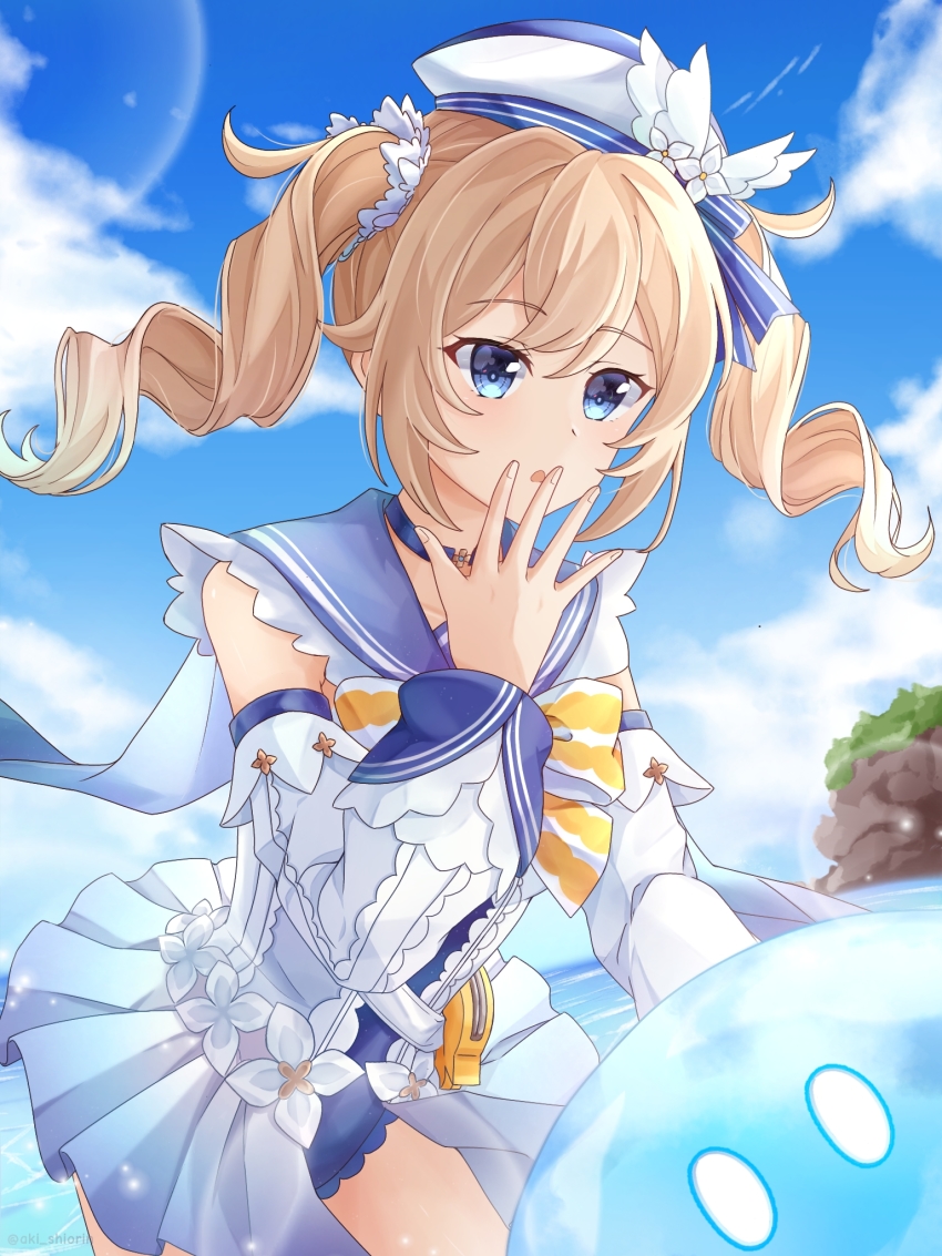 1girl, akishiorin, barbara_(genshin_impact), barbara_(summertime_sparkle)_(genshin_impact), blue_eyes, blue_one-piece_swimsuit, blue_sky, choker