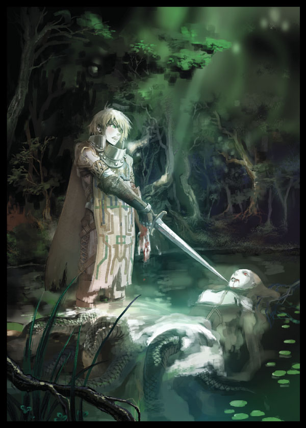 armor, blonde_hair, blood, green_eyes, knight, monster, original, sio_vanilla, sword, weapon