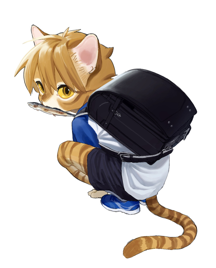 1boy, animal_ears, backpack, bag, black_shorts, blue_shoes, brown_eyes, brown_hair