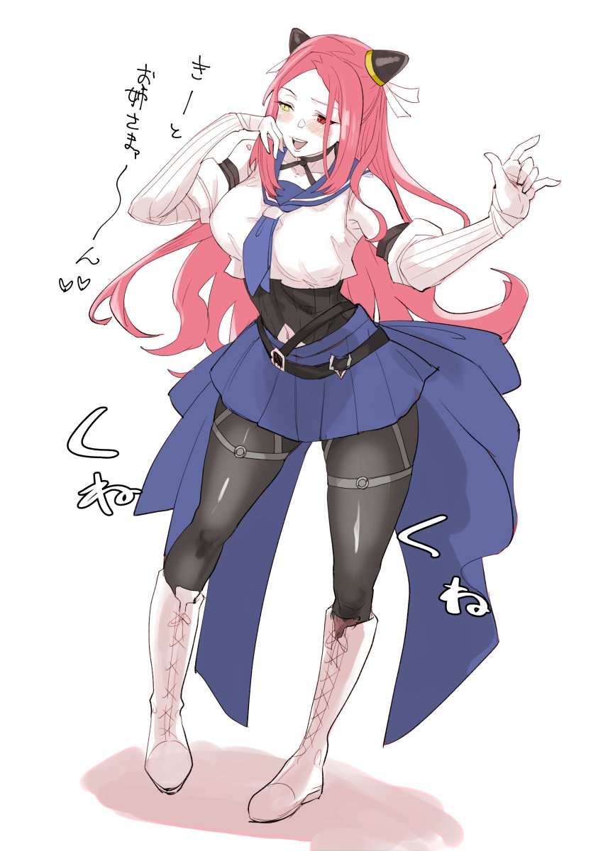 1girl, :d, absurdres, assault_lily, bare_shoulders, belt, belt_buckle, black_belt, black_choker, black_pantyhose, black_shirt, blue_necktie, blue_sailor_collar, blue_skirt, blush, boots, breasts, buckle, choker, collarbone, commentary_request, crop_top, detached_sleeves, full_body, hair_ribbon, hairpods, hand_on_own_cheek, hand_on_own_face, hands_up, heart, heterochromia, highres, knee_boots, lace-up_boots, large_breasts, layered_sleeves, long_hair, long_sleeves, looking_away, m/, miniskirt, navel, necktie, o-ring, open_mouth, pantyhose, parted_bangs, pigeon-toed, pleated_skirt, red_eyes, red_hair, ribbed_shirt, ribbed_sleeves, ribbon, sailor_collar, school_uniform, serafuku, shiba_tomoshibi, shirt, sidelocks, simple_background, skirt, sleeveless, sleeveless_shirt, smile, solo, spoken_heart, standing, su_(sconbuoishi), teeth, thigh_strap, undershirt, upper_teeth_only, very_long_hair, waist_cape, wavy_hair, white_background, white_boots, white_ribbon, white_shirt, yellow_eyes