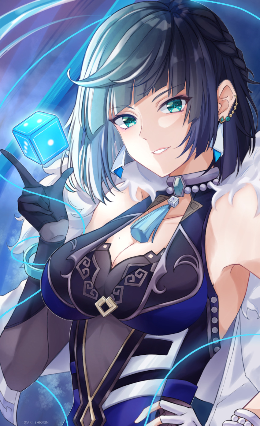 1girl, akishiorin, asymmetrical_gloves, black_hair, blunt_bangs, bracelet, breasts, chinese_clothes, choker, cleavage, coat, coat_on_shoulders, commentary_request, dice, earrings, fur-trimmed_coat, fur_trim, genshin_impact, gloves, green_eyes, hand_on_own_hip, highres, jewelry, looking_at_viewer, mismatched_gloves, mole, mole_on_breast, parted_bangs, parted_lips, short_hair, sidelocks, sleeveless, smile, solo, yelan_(genshin_impact)
