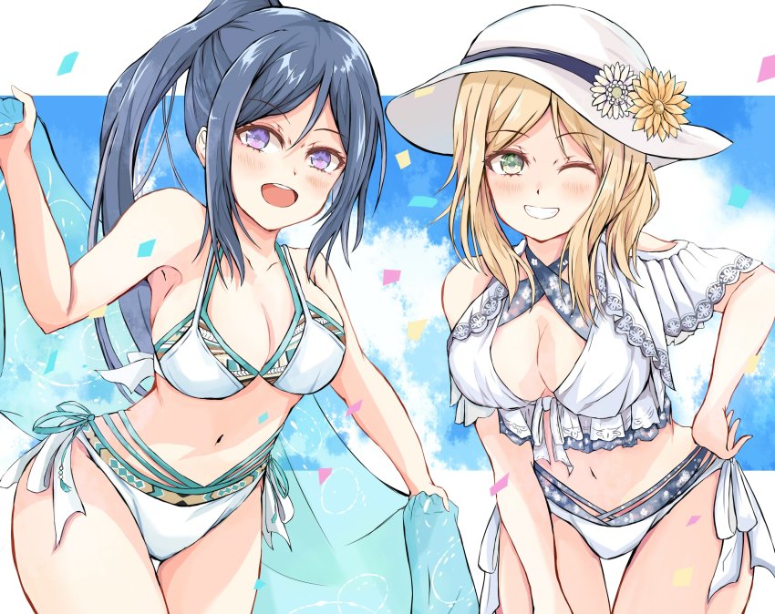bikini, blonde_hair, blue_hair, blue_sky, breasts, cleavage, cloud, commission, cowboy_shot, dairyo3, frilled_bikini, frills, green_eyes, grin, hat, highres, large_breasts, leaning_forward, long_hair, looking_at_viewer, love_live!, love_live!_sunshine!!, matsuura_kanan, ohara_mari, one_eye_closed, ponytail, purple_eyes, short_hair, skeb_commission, sky, smile, sun_hat, swimsuit, thigh_gap, white_bikini, white_headwear