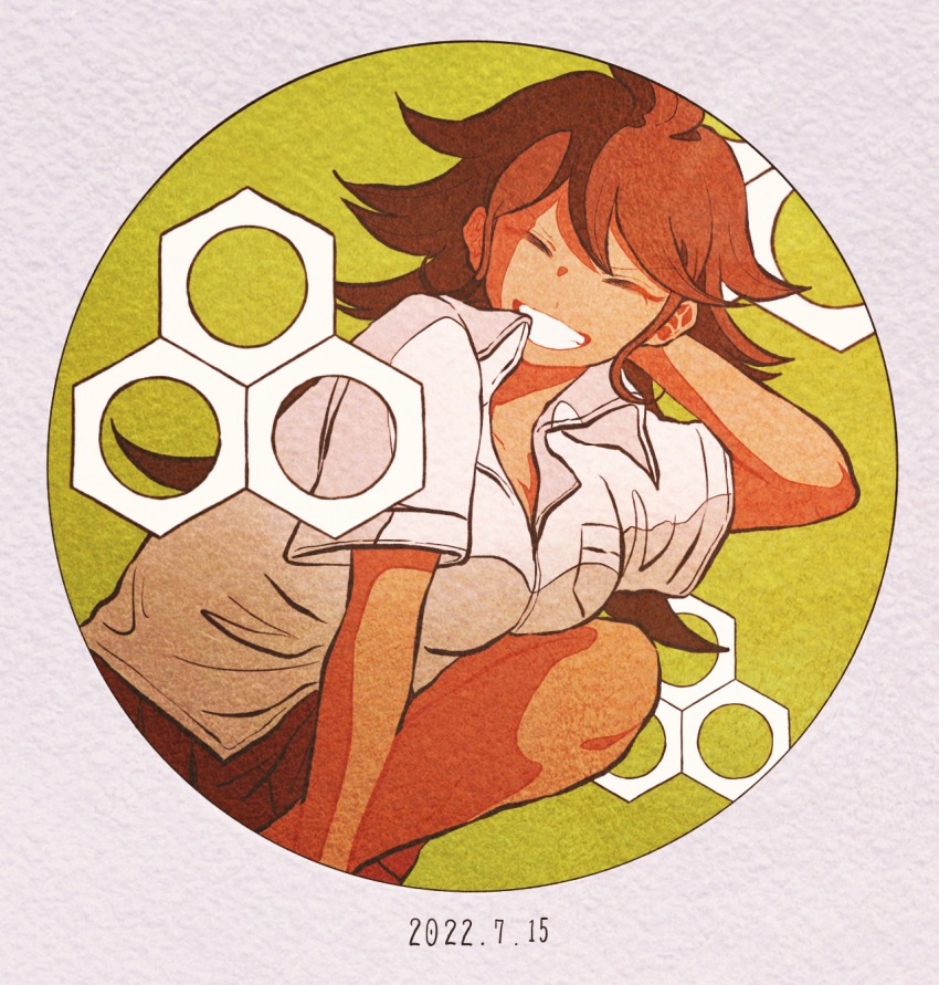 1girl, arm_behind_head, breasts, brown_hair, closed_eyes, collared_shirt, commentary_request, danganronpa_(series)