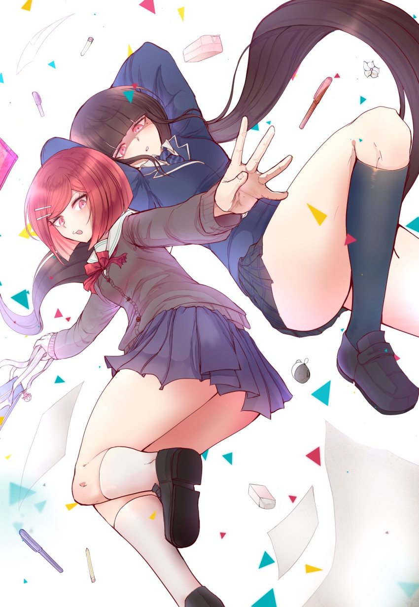 2girls, :o, ass, black_footwear, black_jacket, black_skirt, black_socks, blue_necktie