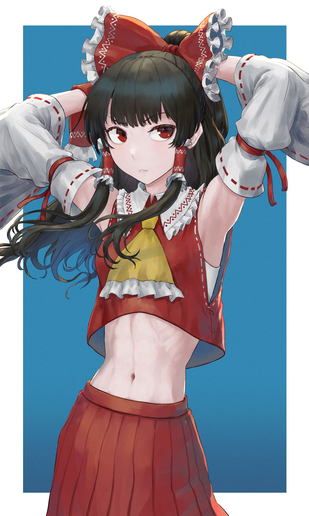 1girl, armpits, arms_up, ascot, black_hair, blue_background, collared_shirt, detached_sleeves, frilled_shirt_collar, frills, hakama, hakama_skirt, hakurei_reimu, harapan-kun, highres, japanese_clothes, long_hair, midriff, navel, ponytail, red_eyes, red_hakama, red_shirt, red_skirt, ribbon-trimmed_sleeves, ribbon_trim, ribs, shirt, sidelocks, simple_background, skirt, skirt_set, sleeveless, sleeveless_shirt, touhou, white_background, white_sleeves, wide_sleeves, yellow_ascot