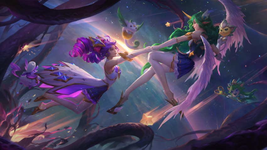 3girls, armlet, arms_up, artist_request, blue_dress, bow, dress, drill_hair, elbow_gloves, eye_contact, flying, frilled_dress, frills, from_side, gloves, green_hair, green_skirt, gwen_(league_of_legends), hair_bow, hair_ornament, high_heels, holding, holding_hands, holding_staff, jewelry, league_of_legends, legends_of_runeterra, little_legend, long_hair, looking_at_another, lulu_(league_of_legends), multiple_girls, planet, red_bow, sheep, shoes, skirt, smile, soraka_(league_of_legends), space, staff, star_(symbol), star_guardian_(league_of_legends), star_guardian_gwen, star_guardian_lulu, star_guardian_soraka, star_hair_ornament, thighhighs, twin_drills, twintails, white_dress, white_gloves, white_thighhighs, wings, yordle