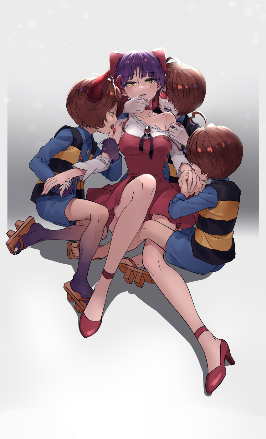 1girl, 3boys, absurdres, ahoge, bare_legs, blue_shirt, blue_shorts, bow