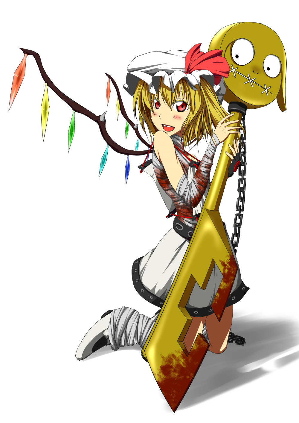 1girl, a.b.a, a.b.a_(cosplay), arc_system_works, bandages, blonde_hair, blood, chain, cosplay, crossover, female_focus, fingerless_gloves, flandre_scarlet, gloves, guilty_gear, hat, highres, key, md5_mismatch, paracelsus_(guilty_gear), ponytail, radia, red_eyes, short_hair, side_ponytail, touhou, wings