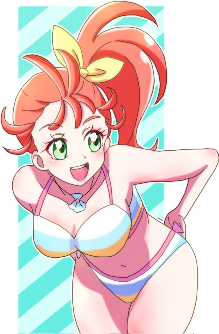 1girl, bare_arms, bikini, bow, breasts, cleavage, collarbone, cowboy_shot