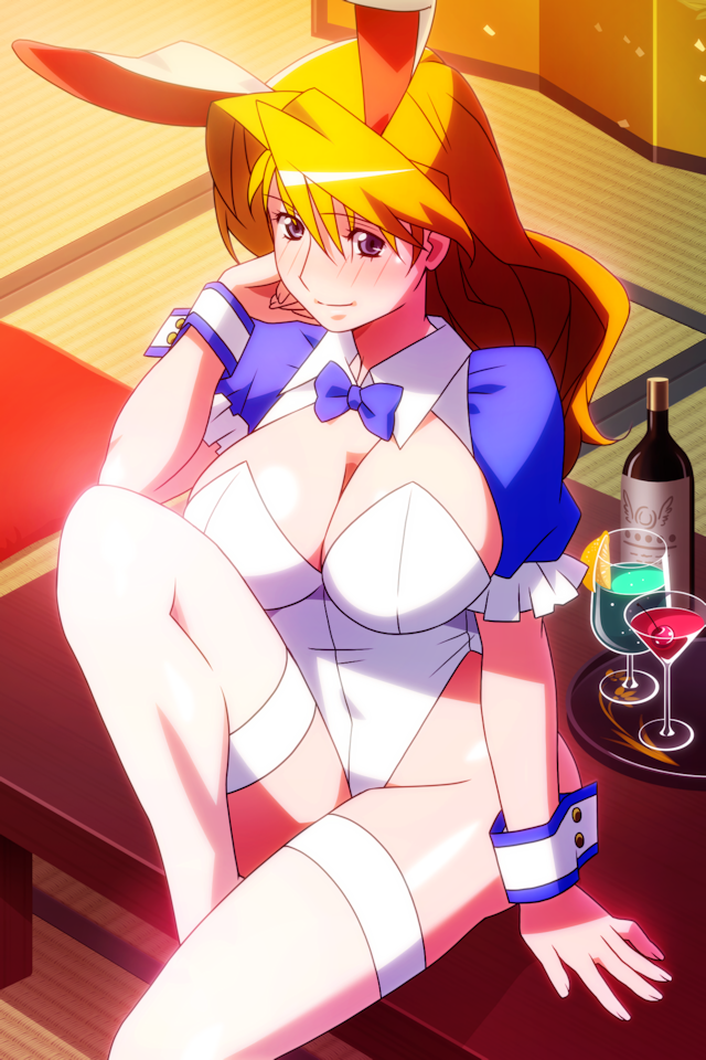 1girl, blonde_hair, blue_eyes, blush, breasts, champagne_bottle, christine_garland, cleavage