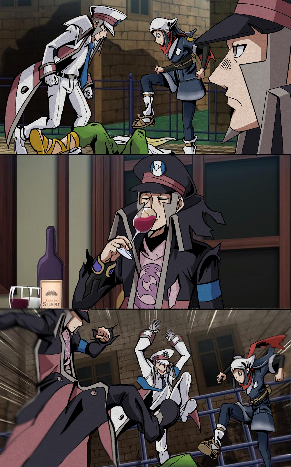 1girl, 3boys, abbacchio_joins_the_kicking_(meme), akari_(pokemon), blonde_hair, coat, cup, drinking