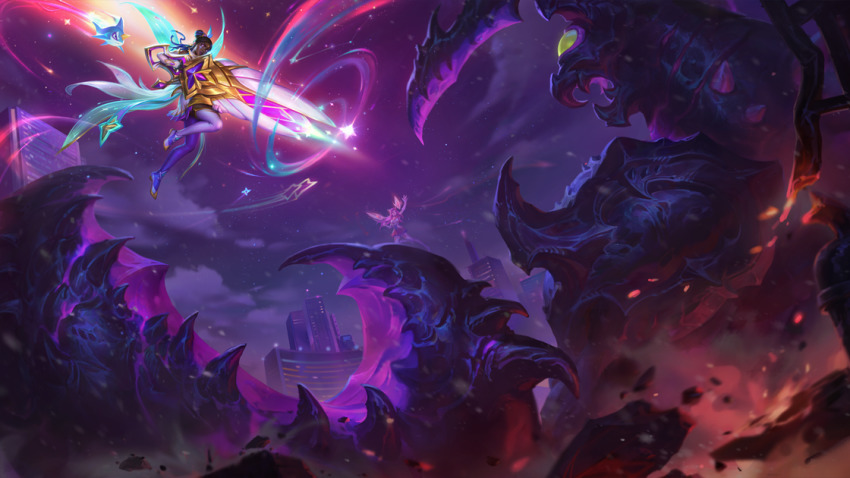 2girls, animal, arm_up, artist_request, brown_hair, building, city, colorful