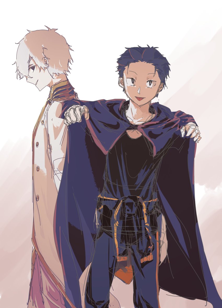 2boys, absurdres, alternate_costume, alternate_universe, black_eyeshadow, black_hair, black_shirt, cape