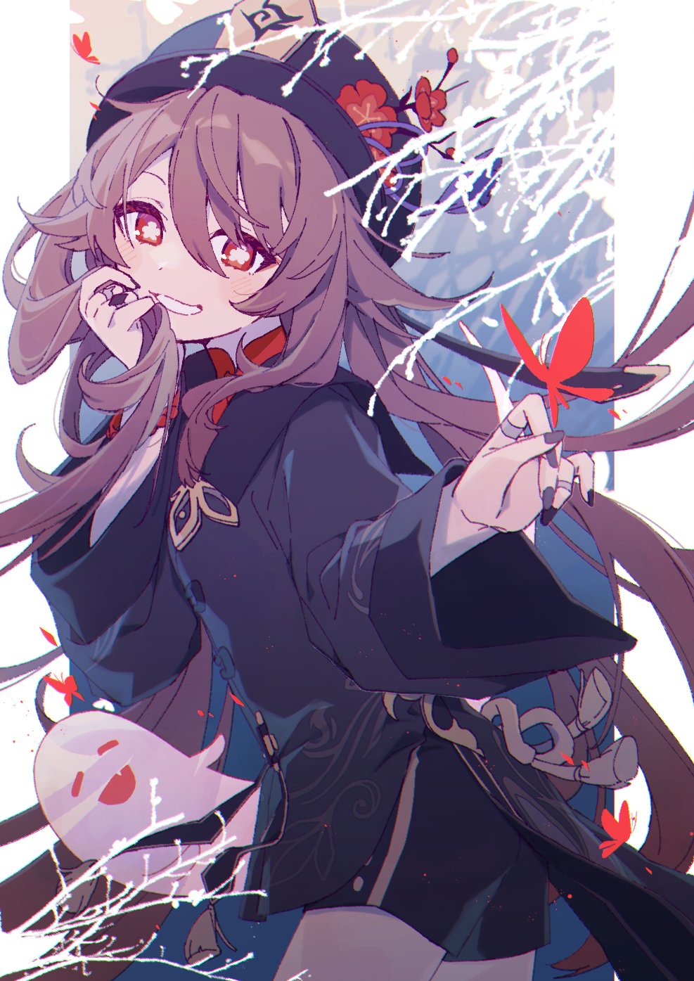 1girl, abstract_background, anetu_u107, black_coat, black_hat, black_nails, black_shorts, blue_background, blush, border, branch, brown_hair, bug, butterfly, coat, collared_coat, commentary, flower, flower-shaped_pupils, genshin_impact, ghost, grin, hat, hat_flower, highres, holding, holding_own_hair, hu_tao_(genshin_impact), insect, jewelry, long_hair, looking_at_viewer, looking_back, multiple_rings, nail_polish, plum_blossoms, porkpie_hat, red_butterfly, red_eyes, ring, shorts, smile, solo, symbol-shaped_pupils, tailcoat, twintails, very_long_hair