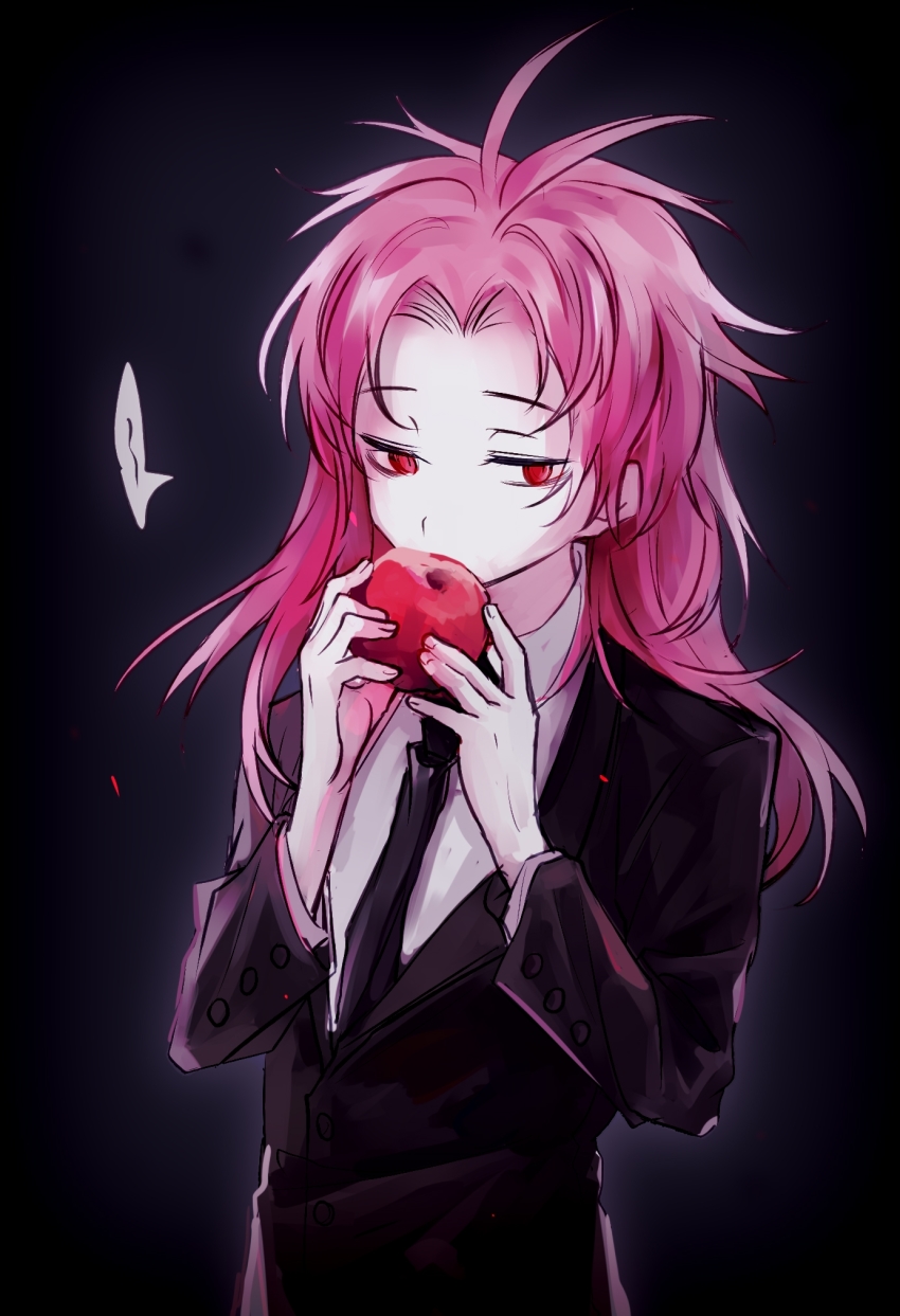 1boy, antenna_hair, apple, black_jacket, black_necktie, black_suit, chinese_commentary, collared_shirt