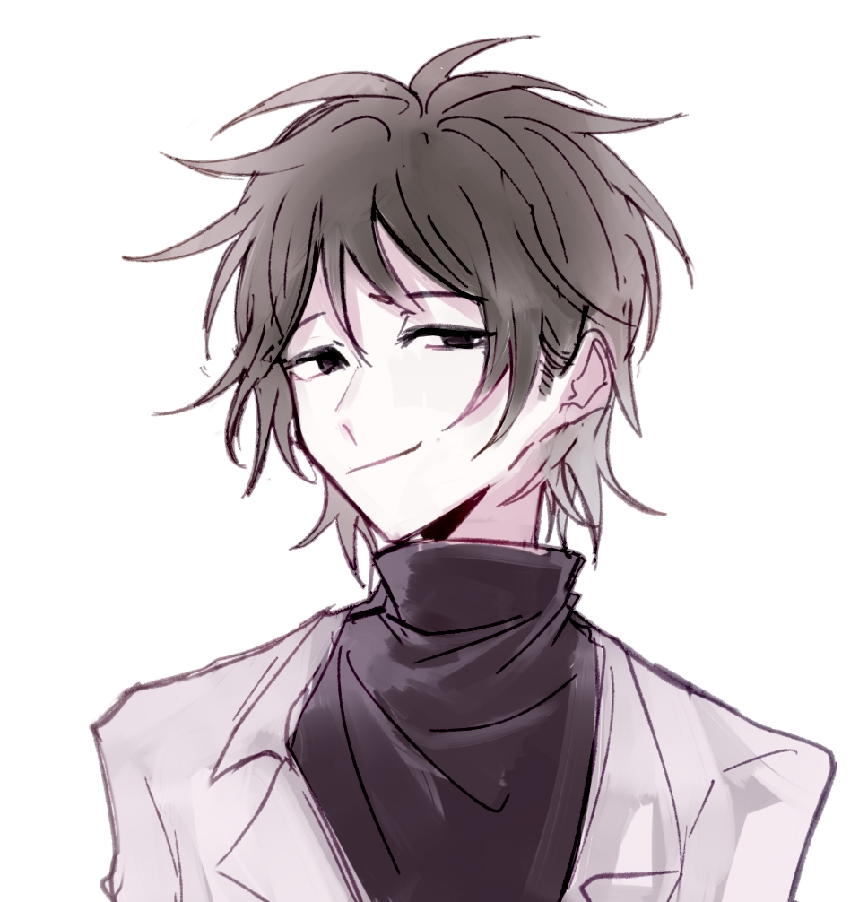 1boy, black_sweater, brown_eyes, brown_hair, chinese_commentary, closed_mouth, coat, commentary_request, dice156, harada_minoru, lab_coat, male_focus, open_clothes, open_coat, portrait, saibou_shinkyoku, short_hair, simple_background, smirk, solo, sweater, turtleneck, turtleneck_sweater, white_background