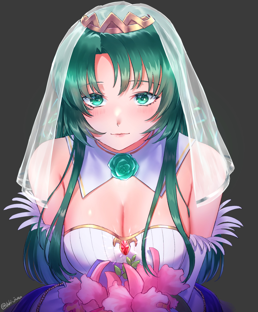 1girl, bare_shoulders, bouquet, breasts, bridal_veil, bride, cecilia_(bridal)_(fire_emblem), cecilia_(fire_emblem), cleavage, detached_collar, dress, elbow_gloves, fire_emblem, fire_emblem:_the_binding_blade, fire_emblem_heroes, flower, gloves, green_eyes, green_flower, green_hair, highres, holding, holding_bouquet, jewelry, large_breasts, looking_at_viewer, nintendo, pink_flower, pink_rose, rose, simple_background, smile, solo, strapless, strapless_dress, tiara, tsukimura_(d24f4z8j3t), twitter_username, upper_body, veil, wedding_dress, white_dress, white_gloves