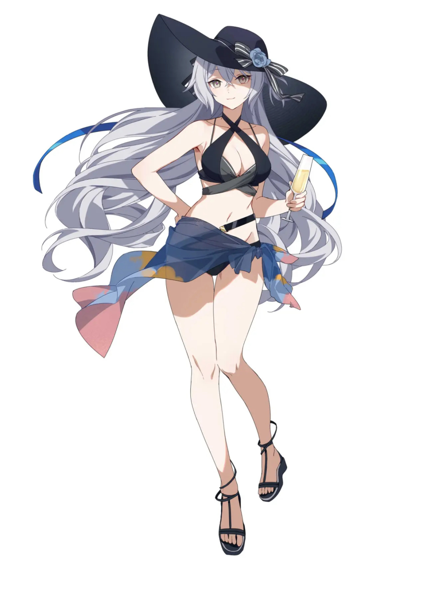 1girl, bare_shoulders, bikini, black_bikini, black_footwear, black_headwear, breasts, bronya_zaychik, bronya_zaychik_(silverwing:_n-ex), bronya_zaychik_(summer_2022), cleavage, collarbone, cup, highres, holding, holding_cup, honkai_(series), honkai_impact_3rd, large_breasts, long_hair, looking_at_viewer, midriff, navel, simple_background, smile, solo, swimsuit, sylvia_(huajiuhuajiu)
