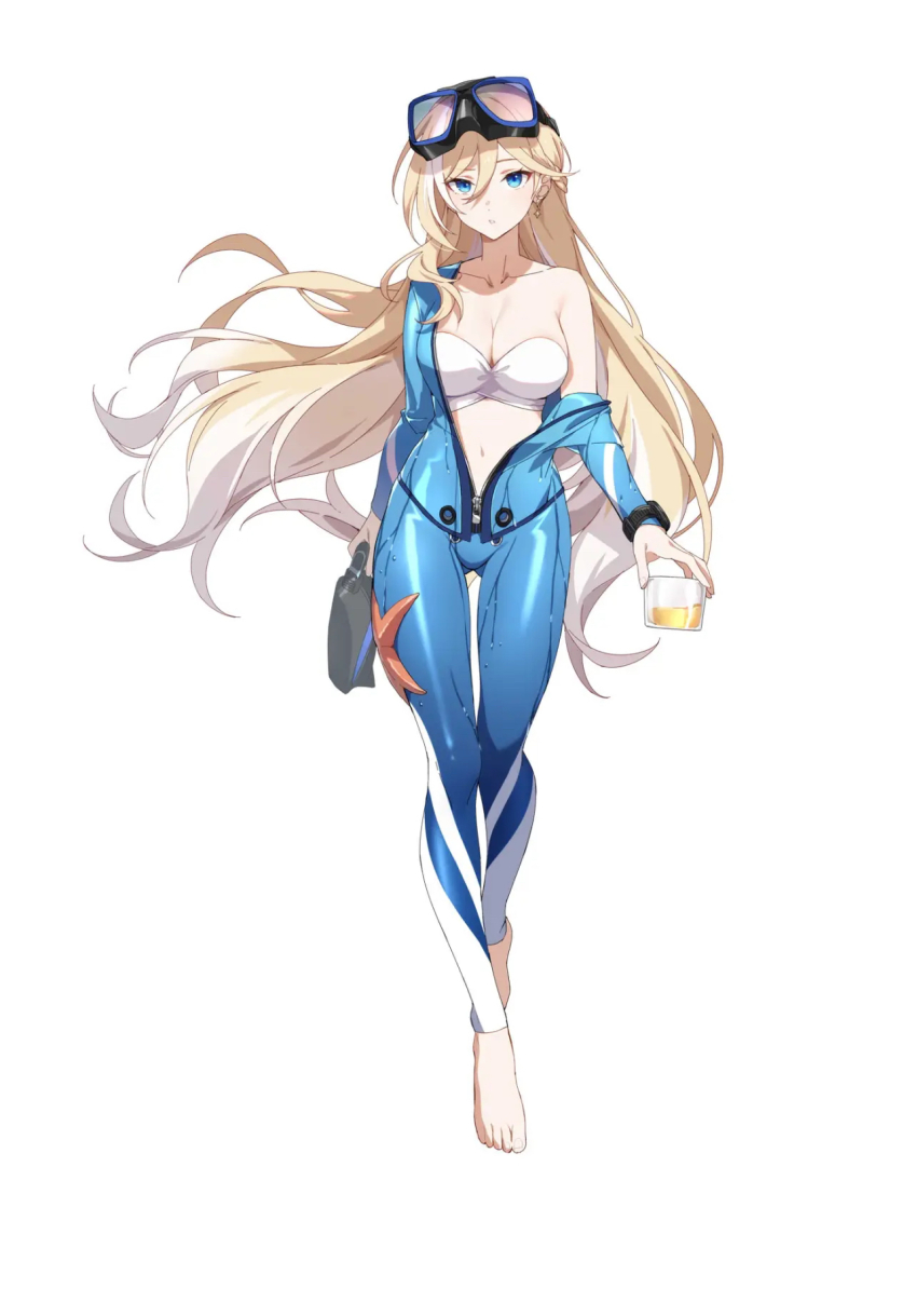 1girl, bare_shoulders, barefoot, bikini, blonde_hair, bodysuit, cup, diving_suit