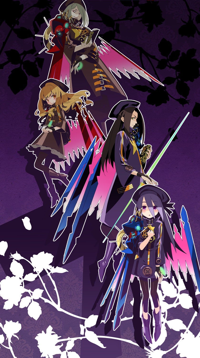 2boys, 2girls, atlus, black_hair, blonde_hair, blush, book, etrian_odyssey, glowing, grey_hair, highres, makita, multiple_boys, multiple_girls, orange_eyes, purple_eyes, purple_hair, red_eyes, sekaiju_no_meikyuu, sekaiju_no_meikyuu_3, yellow_eyes, zodiac_(sekaiju), zodiac_1_(sekaiju), zodiac_2_(sekaiju), zodiac_3_(sekaiju), zodiac_4_(sekaiju)