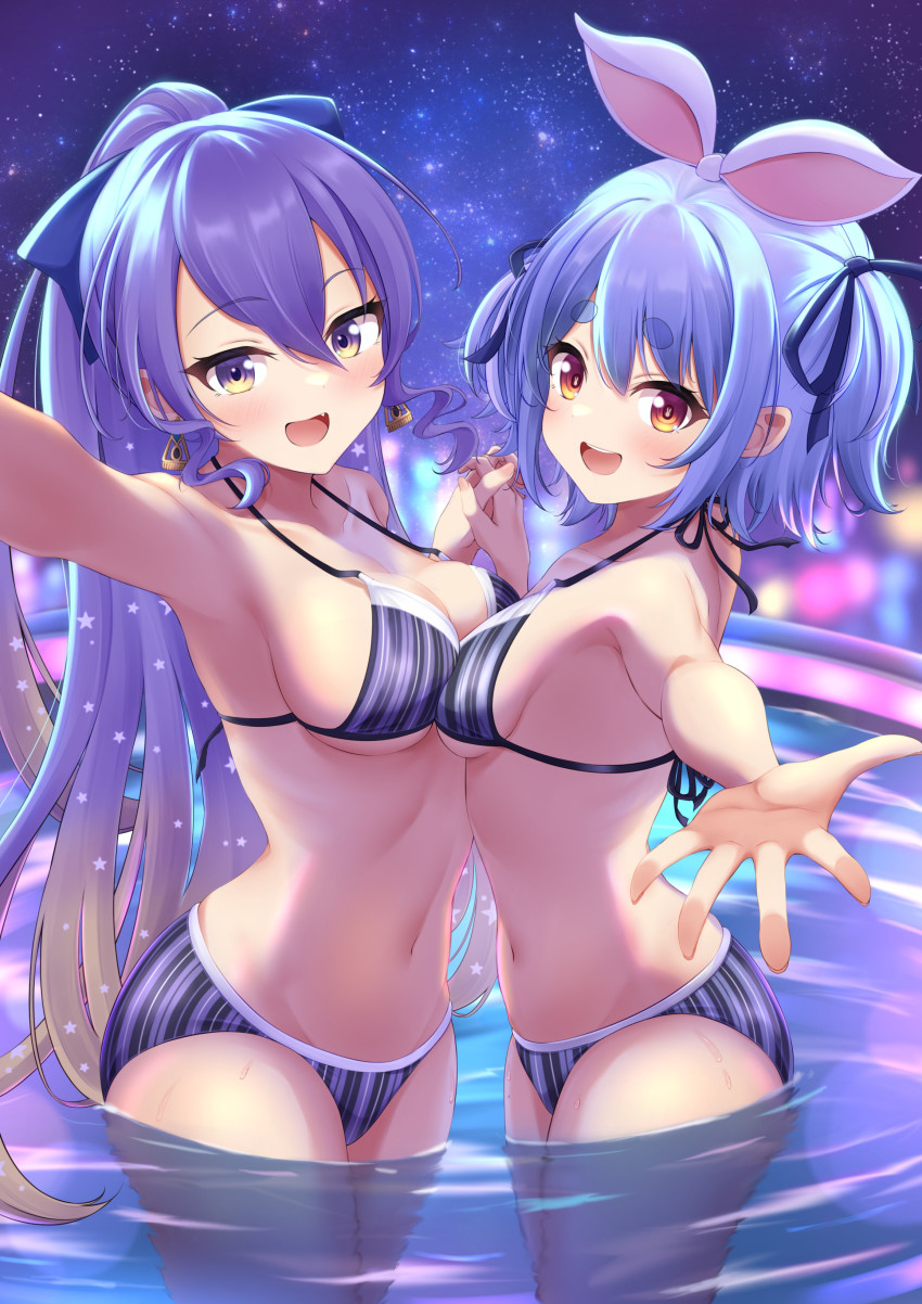 2girls, absurdres, animal_ears, ass, asymmetrical_docking, bare_shoulders, bikini, blue_hair, breast_press, breasts, cleavage, collarbone, cowboy_shot, drill_hair, drill_sidelocks, from_side, gradient_eyes, highres, hololive, hololive_indonesia, interlocked_fingers, kaigan, looking_at_viewer, matching_outfits, medium_breasts, moona_hoshinova, multicolored_eyes, multiple_girls, navel, orange_eyes, purple_eyes, purple_hair, rabbit_ears, reaching, reaching_towards_viewer, sideboob, sidelocks, sky, smile, star_(sky), starry_sky, striped_bikini, striped_clothes, swimsuit, thick_eyebrows, usada_pekora, virtual_youtuber, wading