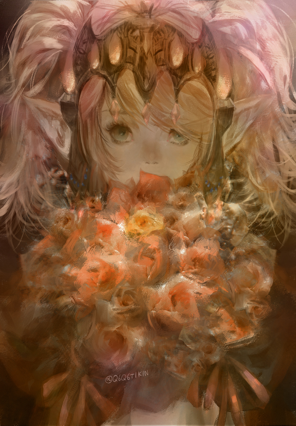1girl, bouquet, covered_mouth, faux_traditional_media, final_fantasy, final_fantasy_xiv, flower, green_eyes