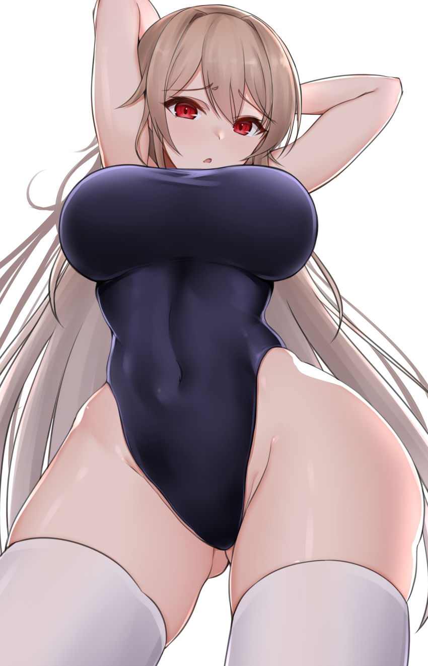 1girl, :o, absurdres, arms_behind_head, bare_hips, blue_one-piece_swimsuit, blush, breasts