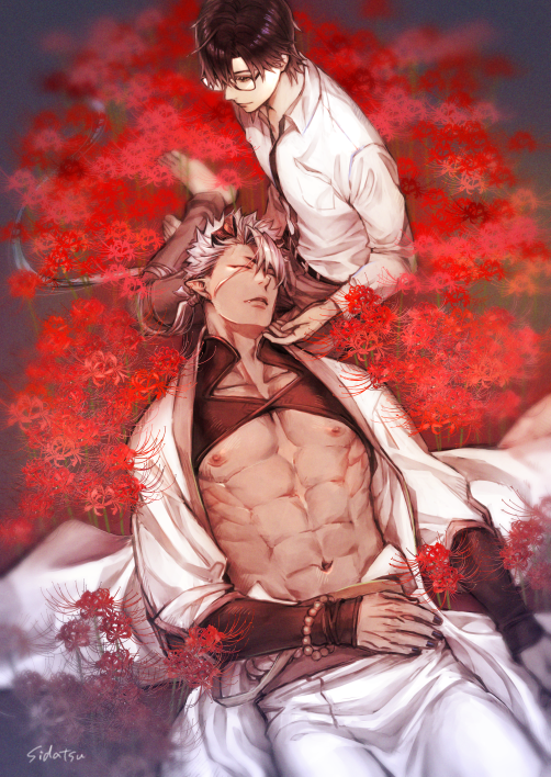 belt, black_hair, black_nails, bracelet, collared_shirt, commission, dark-skinned_male, dark_skin