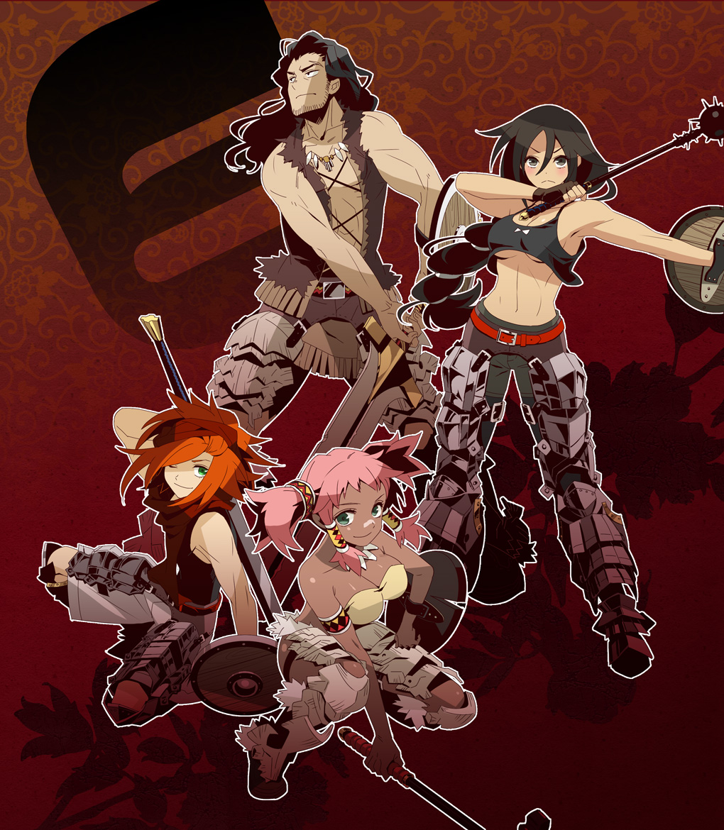 2boys, 2girls, armor, atlus, belt, black_hair, blush, dark_skin, etrian_odyssey, fingerless_gloves, gloves, green_eyes, huge_weapon, mace, makita, multiple_boys, multiple_girls, orange_hair, pink_hair, sekaiju_no_meikyuu, sekaiju_no_meikyuu_3, shield, sword, warrior_(sekaiju), warrior_1_(sekaiju), warrior_2_(sekaiju), warrior_3_(sekaiju), warrior_4_(sekaiju), weapon