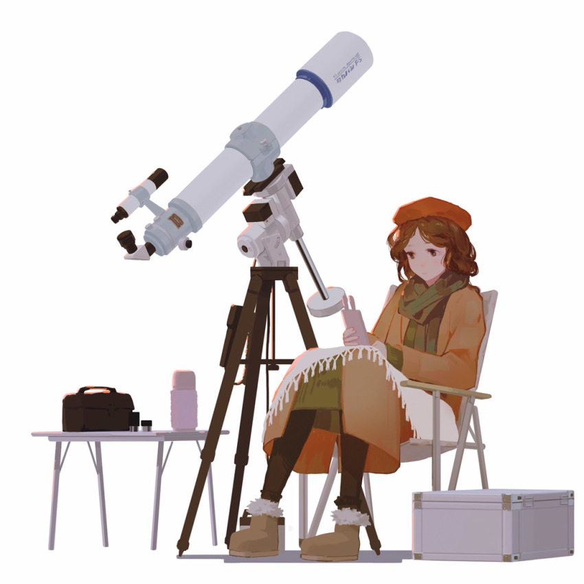 1girl, bag, black_bag, blanket, boots, brown_boots, brown_eyes, brown_hair