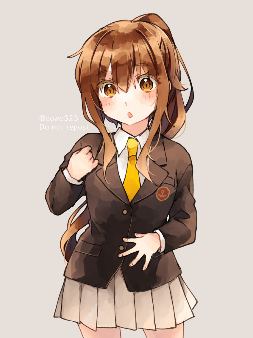 1girl, absurdres, alternate_costume, amot_211, black_jacket, blazer, blush, brown_eyes