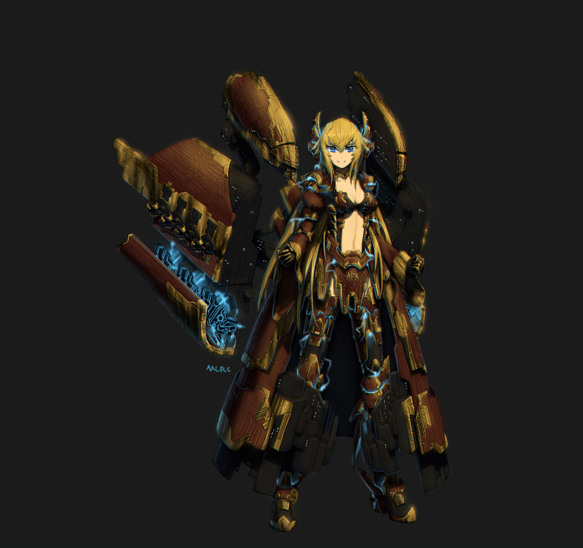 1girl, absurdres, advanced_ship_(eve_online), amarr_empire_(eve_online), apocalypse_(eve_online), armor, armored_boots, armored_dress, battleship, battleship_(eve_online), black_bra, black_gloves, blonde_hair, blue_eyes, boots, bra, breasts, brown_armor, brown_boots, brown_dress, brown_horns, brown_sleeves, brown_thighhighs, cannon, carthum_conglomerate_(eve_online), cleavage, dark_background, dot_nose, dress, electricity, electrokinesis, eve_online, full_body, gauntlets, gloves, glowing, glowing_eyes, gold_armor, gold_boots, gold_dress, grey_background, grin, gun, hair_between_eyes, highres, horns, logo, long_hair, long_legs, long_sleeves, looking_at_viewer, machinery, marauder_(eve_online), mcrc_science, mecha_musume, mechanical_horns, medium_breasts, military, military_vehicle, multicolored_boots, multicolored_dress, original, paladin_(eve_online), personification, science_fiction, ship, ship_turret, shoulder_armor, simple_background, slit_pupils, smile, solo, space_ship, spacecraft, spaceship, standing, stomach, tech_2_ship_(eve_online), teeth, thighhighs, thighs, underwear, very_long_hair, warship, watercraft, weapon, wide_sleeves, yellow_boots, yellow_dress