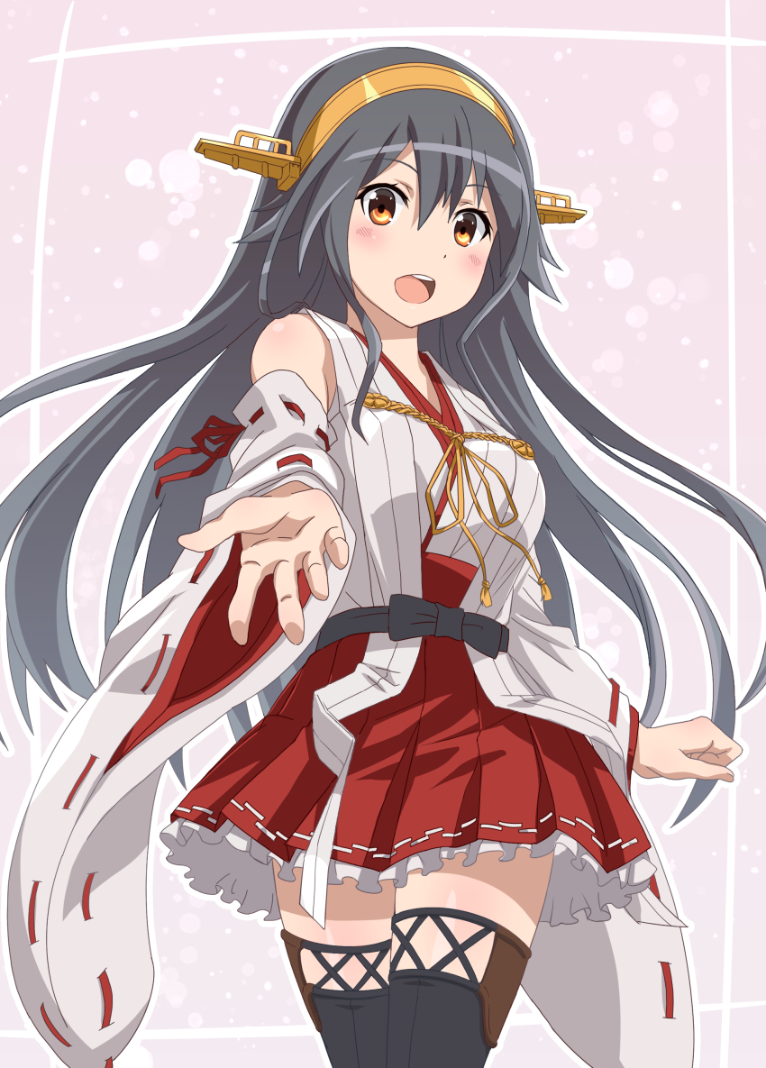 1girl, absurdres, black_hair, boots, breasts, brown_eyes, cowboy_shot, detached_sleeves, frilled_skirt, frills, hair_ornament, hairband, hairclip, haruna_(kancolle), haruna_kai_ni_(kancolle), headgear, highres, japanese_clothes, kantai_collection, long_hair, medium_breasts, miracan, nontraditional_miko, open_mouth, red_skirt, ribbon-trimmed_sleeves, ribbon_trim, skirt, solo, standing, thigh_boots, wide_sleeves