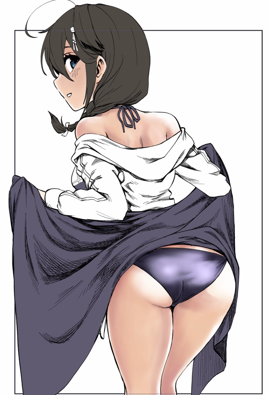 1girl, ahoge, ass, bikini, blue_eyes, blush, braid, brown_hair