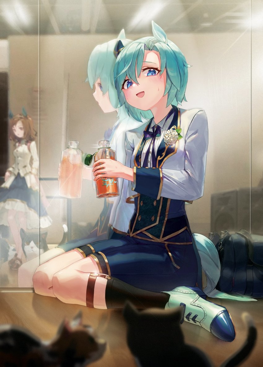 2girls, absurdres, animal, animal_ears, aqua_hair, black_socks, blue_eyes, blush