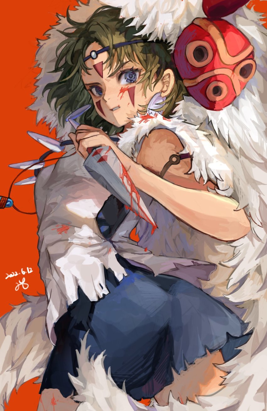 1girl, bad_id, bad_twitter_id, black_dress, blood, blue_eyes, brown_hair, clenched_teeth