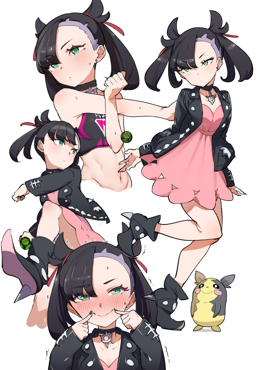 1girl, asymmetrical_bangs, black_choker, black_hair, black_jacket, blush, boots, choker