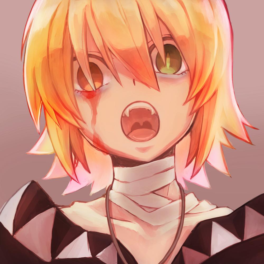 1girl, bandaged_hand, bandages, black_hoodie, blonde_hair, blood, bloody_tears, cafe_no_zombi-ko, cafe_no_zombi-ko_(2nd_costume), commentary_request, green_eyes, grey_background, hair_between_eyes, hood, hoodie, looking_at_viewer, open_mouth, project_upd8, short_hair, simple_background, solo, sova2u, upper_body, uvula, virtual_youtuber