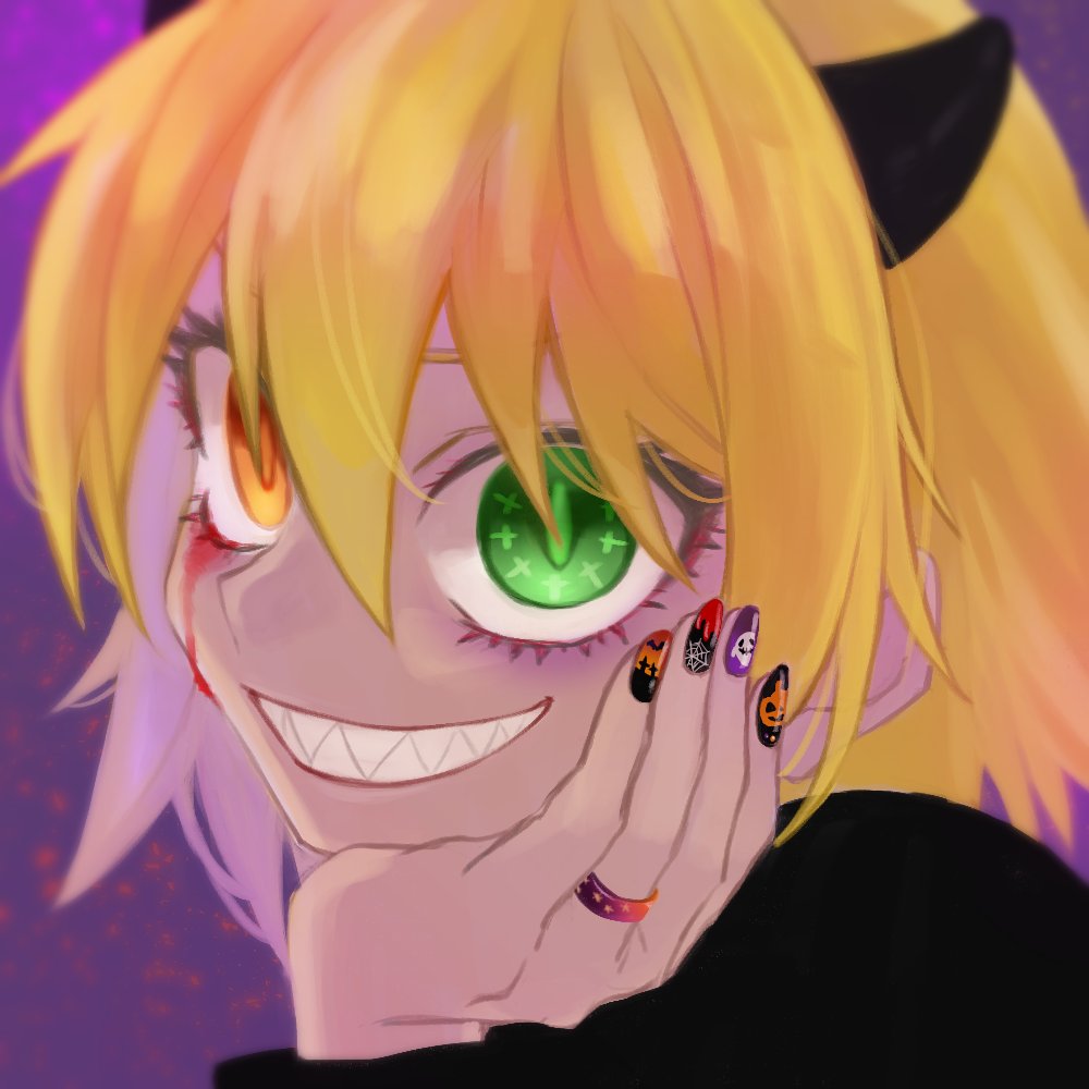 1girl, black_hoodie, black_horns, blonde_hair, blood, bloody_tears, cafe_no_zombi-ko, cafe_no_zombi-ko_(2nd_costume)