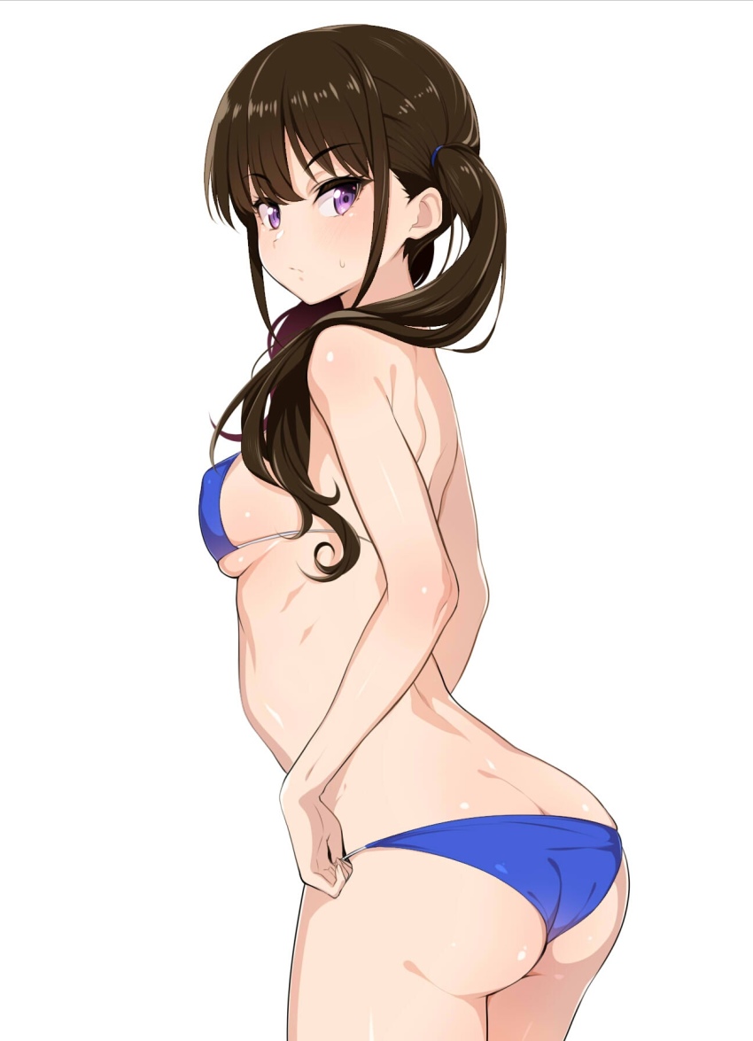 1girl, ass, bikini, black_hair, blue_bikini, butt_crack, commentary_request, cowboy_shot, hair_over_shoulder, highres, inoue_takina, kurihara_kenshirou, long_hair, looking_at_viewer, lycoris_recoil, purple_eyes, simple_background, solo, standing, swimsuit, white_background