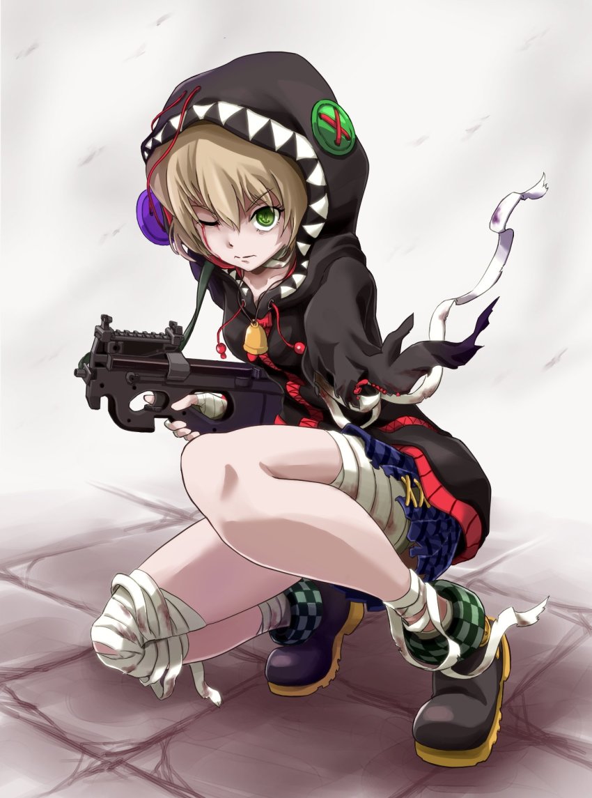 1girl, bandaged_hand, bandaged_leg, bandaged_neck, bandages, bell, black_hoodie, black_shoes