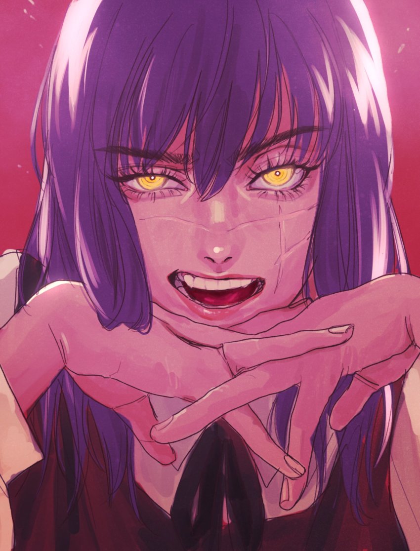1girl, black_ribbon, chainsaw_man, collared_shirt, cross_scar, drgryu750, facial_scar, hair_between_eyes, hands_on_own_chin, highres, lips, lipstick, long_sleeves, makeup, medium_hair, open_mouth, pink_background, purple_hair, raised_eyebrows, ribbon, ringed_eyes, scar, scar_on_cheek, scar_on_face, shirt, simple_background, solo, straight-on, teeth, upper_body, yellow_eyes, yoru_(chainsaw_man)