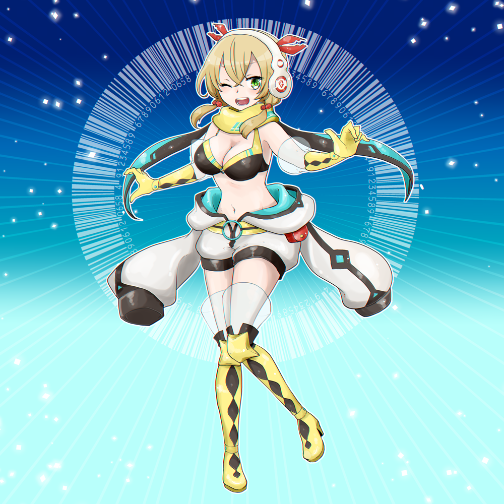 1girl, barcode, bikini, bikini_top_only, black_bikini, blonde_hair, blue_background, blush