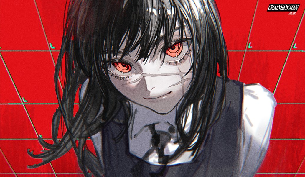 ange-yi, black_hair, chainsaw_man, collared_shirt, copyright_name, cross_scar, dress, facial_scar, grid_background, lips, looking_at_viewer, medium_hair, neck_ribbon, pinafore_dress, red_background, red_eyes, red_ribbon, ribbon, ringed_eyes, scar, scar_on_cheek, scar_on_face, shirt, sketch, sleeveless, sleeveless_dress, smile, upper_body, white_shirt, yoru_(chainsaw_man)
