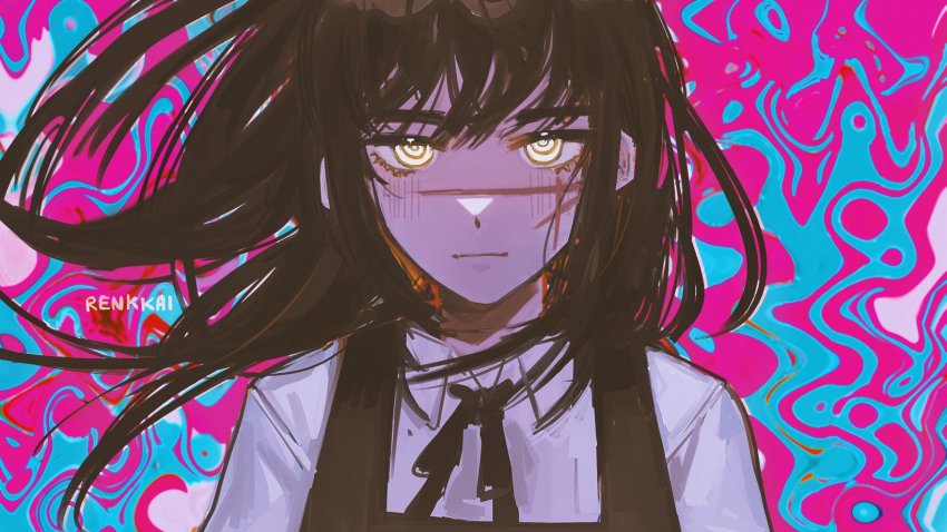 1girl, black_hair, black_ribbon, chainsaw_man, closed_mouth, collared_shirt, cross_scar, expressionless