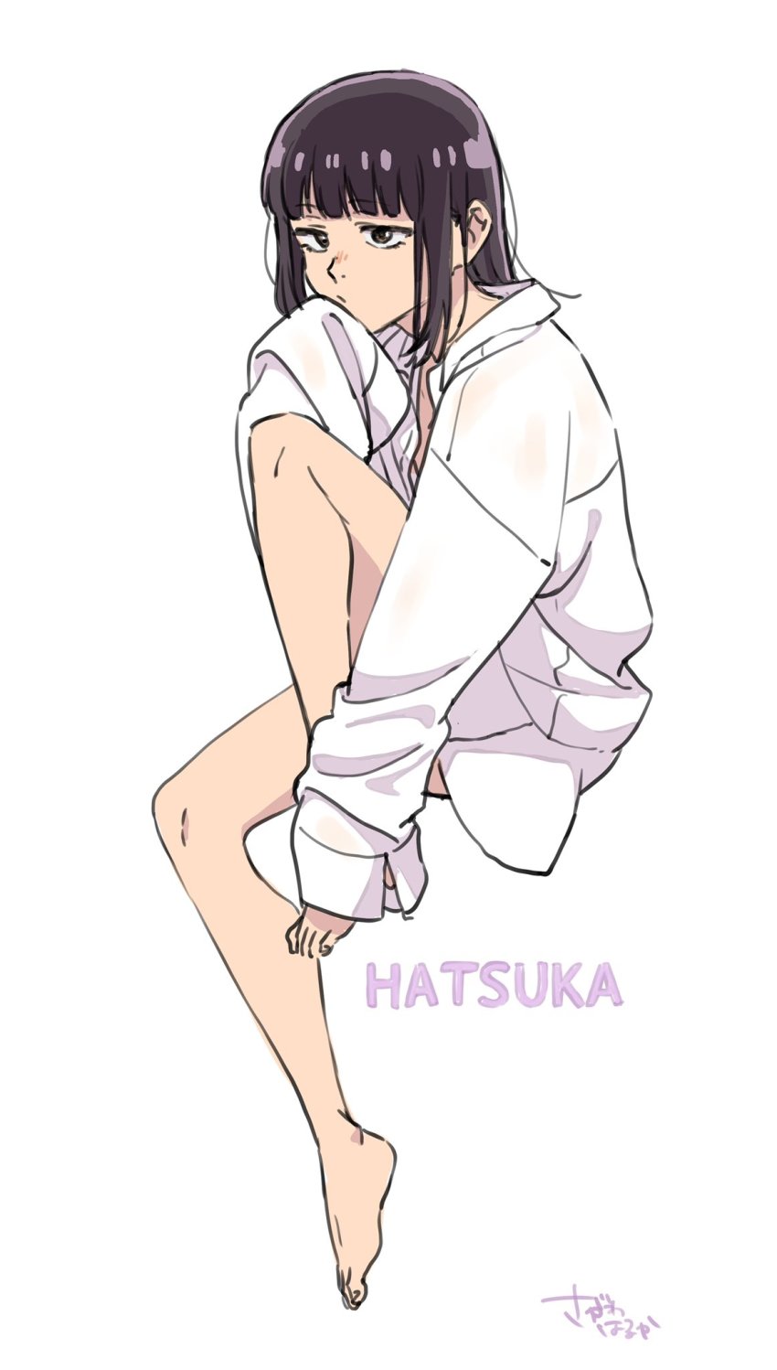 1boy, androgynous, brown_eyes, highres, leg_up, long_sleeves, medium_hair, purple_hair, sagawa_haruka, shirt, sleeves_past_fingers, sleeves_past_wrists, suzushiro_hatsuka, trap, white_shirt, yofukashi_no_uta