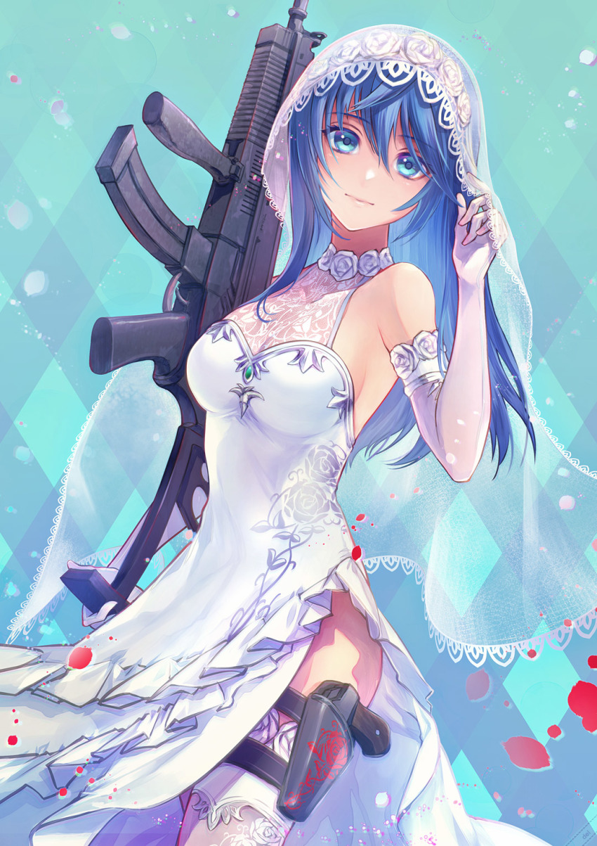 1girl, blue_eyes, blue_hair, breasts, bridal_veil, bride, closed_mouth, del_depths, dress, elbow_gloves, gloves, gun, highres, long_hair, looking_at_viewer, maria_traydor, medium_breasts, smile, solo, star_ocean, star_ocean:_anamnesis, star_ocean:_till_the_end_of_time, thighhighs, thighs, veil, weapon, wedding_dress, white_thighhighs, white_veil