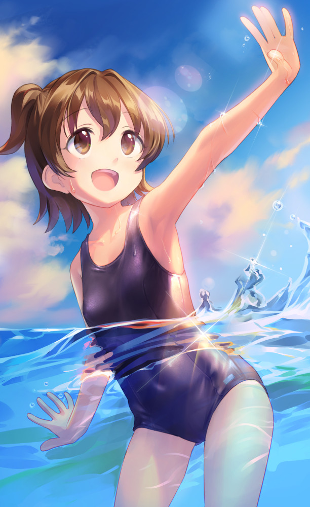 1girl, akagi_miria, armpits, blue_one-piece_swimsuit, blue_sky, breasts, brown_eyes, brown_hair